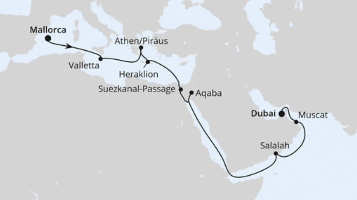 AIDA Orient Route: Von Mallorca nach Dubai AIDA Orient Route: Von Mallorca nach Dubai