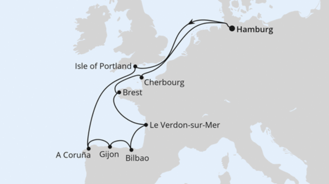 AIDA Westeuropa-Route: Ärmelkanal & Golf von Biskaya AIDA Westeuropa-Route: Ärmelkanal & Golf von Biskaya