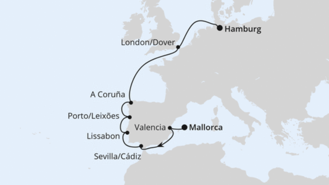 AIDA Westeuropa-Route: Von Mallorca nach Hamburg AIDA Westeuropa-Route: Von Mallorca nach Hamburg